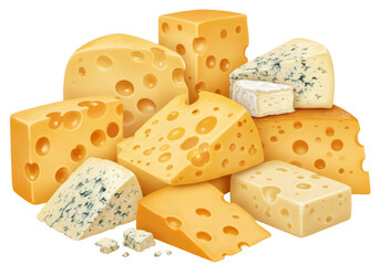 Assortment of cheese blocks isolated on transparent background, variety of Swiss, blue, and brie cheeses for gourmet food concepts