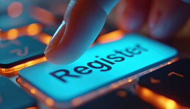 Finger presses glowing blue register key on modern backlit keyboard. Hand clicks button for online sign up, creating new user account. Action shows joining service, getting membership access,