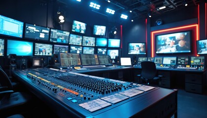 TV studio control room with multiple monitors displaying video feeds, large mixing board in foreground. Technical equipment, digital displays create high-tech atmosphere for broadcast production.