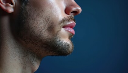 Obraz premium Closeup profile of young man with light stubble beard. Smooth, hydrated skin on face, chin, neck against dark blue background. Full lips slightly parted. Picture shows natural, clean look for men.