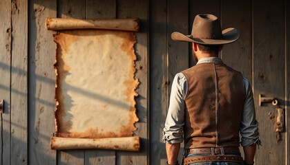 A cowboy stands by a weathered wooden wall. An old scroll hangs with empty space. The cowboy wears a hat and vest. The photo evokes wild west themes.