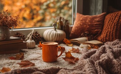 Cozy Autumn Window Scene With a Warm Drink and Seasonal Decorations During the Fall Season