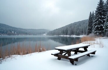 Snow-covered picnic table sits on lakeshore surrounded by tall evergreen trees and snow-covered ground. Frozen lake reflects hills and trees in calm water. Peaceful winter landscape with no people.