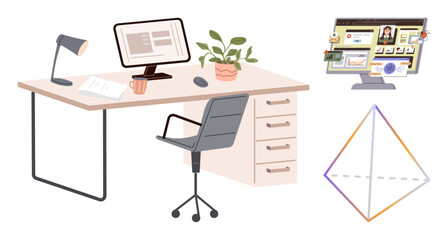 Organized desk setup including monitor, chair, lamp, files, online project tools, abstract chart, and plant. Ideal for productivity, remote work creativity technology office culture planning