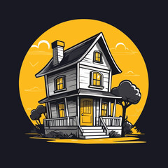 Halloween House illustration in vintage style with yellow background and trees  