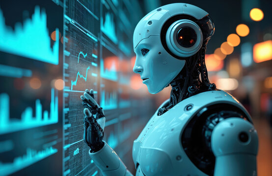 AI robot analyzes digital charts, data. Humanoid machine interacts with screen showing graphs, numbers in futuristic tech setting. Represents future tech, business intelligence, smart computing, - Powered by Adobe