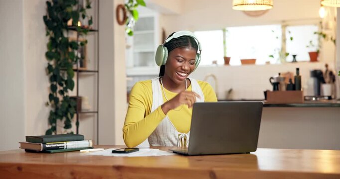 Headphones, laptop and black woman in home with music for online university assignment. Happy, audio tech and African female student with computer for studying for college exam with playlist in house