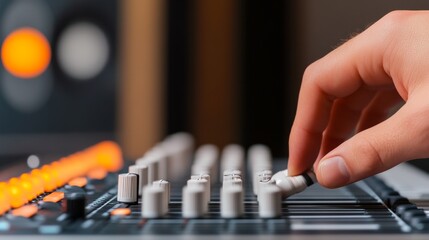 Mixing Console Adjustment Hand Tweaking Audio Levels on Soundboard, Audio Engineering , Music Production
