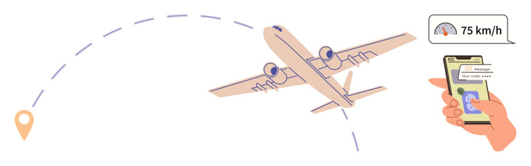 Airplane flying toward destination pin with dotted flight path, smartphone showing speed and map. Ideal for travel, aviation, navigation, tracking, technology, logistics connectivity. Clear simple