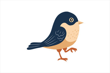 Cute cartoon bird with dark blue feathers and beige chest standing on one leg