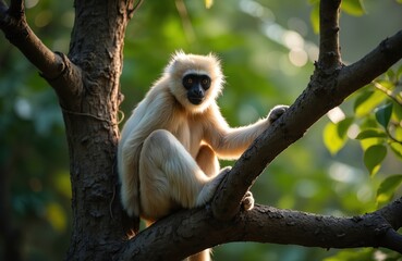 Obraz premium Gibbon sits on tree branch among green foliage. Primate mammal with white fur poses. Wild animal enjoys sunlight in nature. Wildlife conservation and animal protection concept.