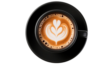cup of coffee on white background Cappuccino foam pattern in a black cup and saucer on a transparent background