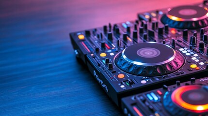 Obraz premium Neon Lit DJ Console Music Mixer Deck in Blue and Pink, DJ, Mixer