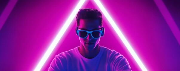 Neon Portrait Man with Sunglasses, Triangle Light, purple background ,futuristic, cyberpunk