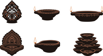 Traditional decorative oil lamps diya illustration, Indian festival Diwali celebration, cultural heritage lighting design, ornate flame artwork, festive spirituality vector
