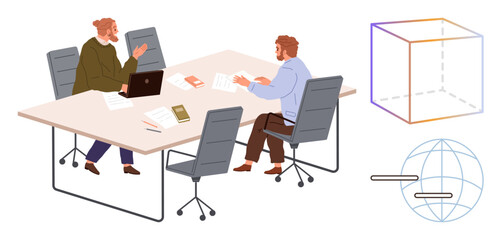 Two colleagues collaborate over papers and a laptop at a modern office table, with abstract cube and globe graphics nearby. Ideal for teamwork, brainstorming, technology, innovation, creativity