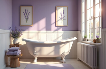 Cozy bathroom interior with vintage clawfoot tub. Sunlight from window illuminates purple room with lavender decor. Tranquil scene promotes wellness, self-care, relaxing home spa experience for