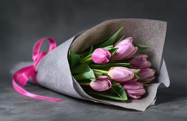 Pink Tulips Wrapped in Gray Paper With a Ribbon on a Dark Background