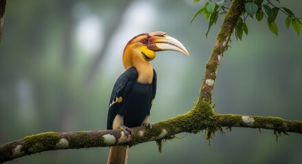 Majestic rhinoceros hornbill perched on mossy branch in misty forest