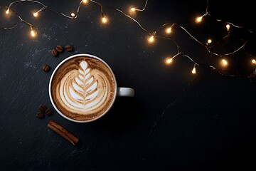 A cup of creamy latte with festive Christmas tree foam art, viewed from above (flat lay). The coffee cup sits on a dark, elegant black background, surrounded by the warm, glowing bokeh of fairy lights