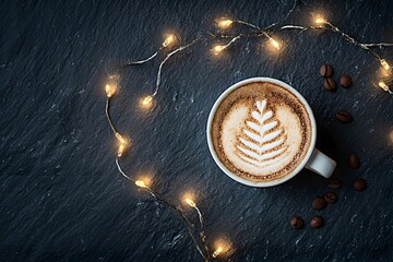A cup of creamy latte with festive Christmas tree foam art, viewed from above (flat lay). The coffee cup sits on a dark, elegant black background, surrounded by the warm, glowing bokeh of fairy lights