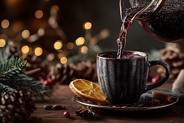Pouring mulled wine into a mug against a New Year's backdrop