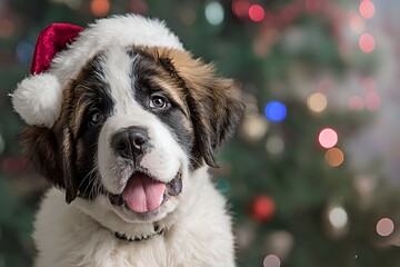An adorable Сербернар wearing a festive red Santa hat, sitting against a beautifully blurred Christmas background with glowing bokeh lights. The dog has a happy and charming expression. 