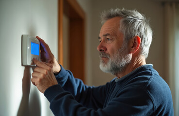 Mature man regulates home thermostat device. Senior person controls temperature in house using digital tech. Elderly individual sets settings for heating or cooling system.