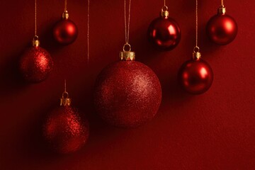 Elegant red Christmas ornaments hanging.