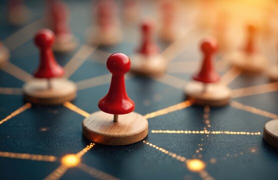 Red markers connect on network diagram. Wooden location pins illustrate global connections business strategy, team collaboration. Communication network structure concept shows importance of