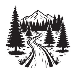Obraz premium Black silhouette of a winding forest path lined with tall pine trees, leading towards distant mountains.