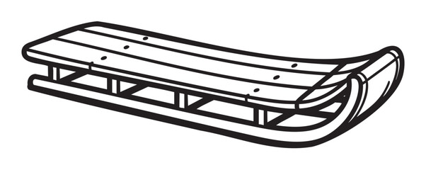Black outline drawing of a traditional wooden sled with curved metal runners and slatted seat design.