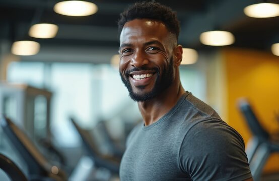 Fit African American man smiles in gym. Muscular male trainer wears grey shirt, healthy lifestyle concept. Personal coach ready for workout session.