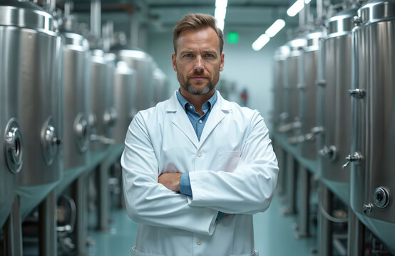 Man in white lab coat stands with arms crossed in modern industrial plant. Pro engineer scientist at work. Background shows rows of large stainless steel tanks, signifying clean tech production