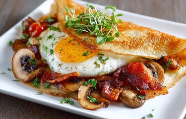 Delicious Omelet With Mushrooms, Bacon, and Egg on a Plate Beside Fresh Greens