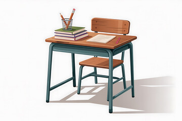 Fototapeta premium A wooden desk and chair set, stacked books, pencils, and paper create a school learning environment.