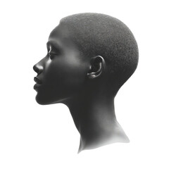 Profile view of a textured black sculpture representing an African female figure.