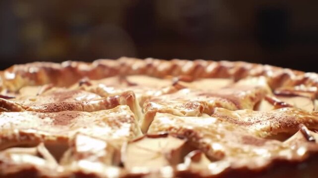 Delicious apple pie close up with golden crust and warm lighting