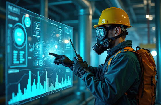 Man in gas mask controls tech equipment. Engineer wearing protective gear interacts with digital interface at industrial plant. Safety measures in oil gas industry. Worker monitors tech at work.