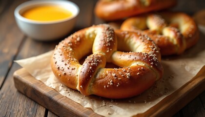 Sourdough pretzels with beer cheese dip served on wooden board. Warm baked pretzel sprinkled with salt. Delicious brown snack. Comfort food photography concept for culinary blog, restaurant promo