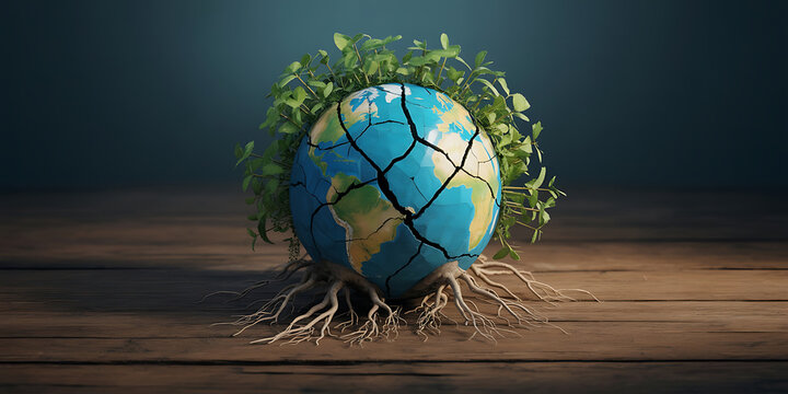 A cracked globe with lush greenery emerging, symbolizing environmental healing and restoration of Earth.