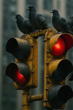 Weathered Yellow Stoplight and Urban Pigeons with Moody City Background