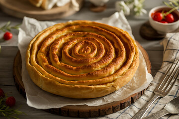 Fototapeta premium Warm cinnamon swirl cake sits on a wooden board, surrounded by fresh berries and linen.