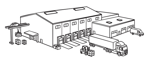 Naklejka premium Black outline vector icon of a modern warehouse facility with loading docks, a parked truck, a forklift, and a delivery van.
