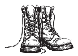 Black outline drawing of rugged leather hiking boots with detailed laces and stitching, conveying a sense of adventure and durability.