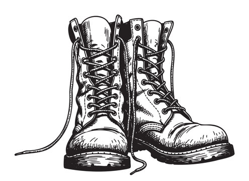 Black outline drawing of rugged leather hiking boots with detailed laces and stitching, conveying a sense of adventure and durability.