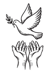 Black and white illustration of a dove carrying an olive branch, flying above two open human hands symbolizing peace and hope.