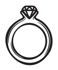 Black outline of a diamond ring icon featuring a large gemstone atop a simple band, illustrating jewelry and engagement concepts.