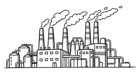 Obraz premium Black and white line art of a large industrial factory with multiple smokestacks emitting smoke, symbolizing manufacturing and pollution.