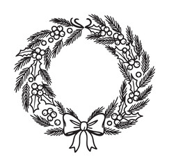 Obraz premium Black outline icon of a circular wreath with holly leaves, berries, pine branches, and a decorative bow, symbolizing festive holiday decoration.